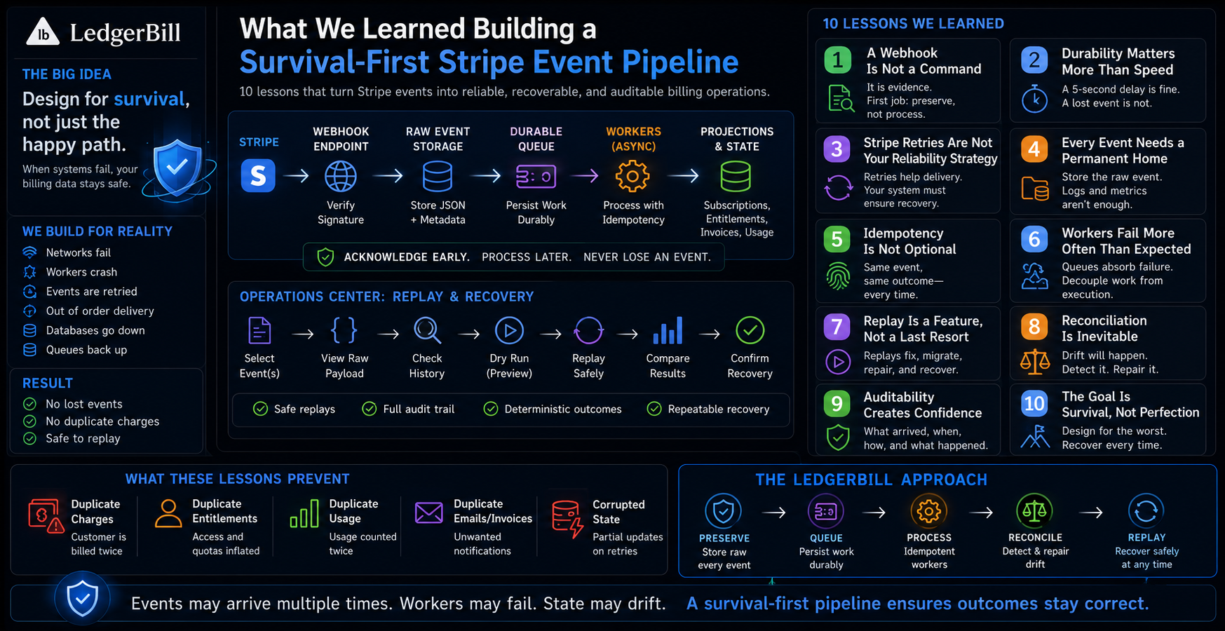 Survival-First Stripe Event Pipeline showing durability and replayability